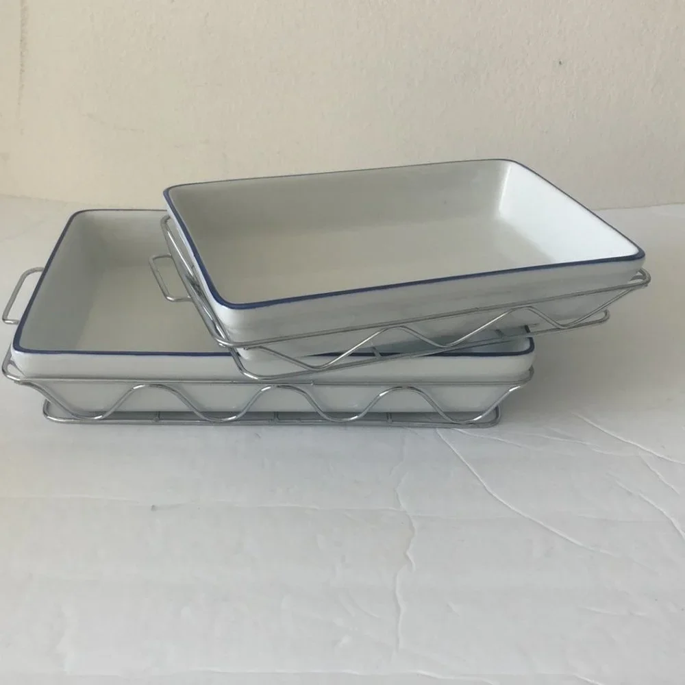 2 porcelain rectangular trays for microwave cookware in metal serving frame